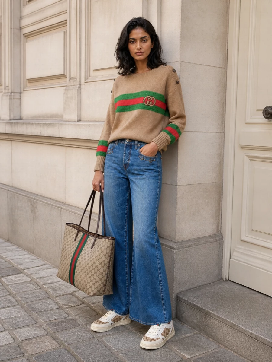 This outfit leans into Gucci’s heritage codes with a camel GG intarsia knit, vintage-cut wide-leg denim and the monogram tote speaking the same beige and green-red language. The mix of relaxed proportions and polished branding feels like modern city streetwear, confident but not loud. Sneakers in matching canvas keep everything grounded and practical for full days on the move.