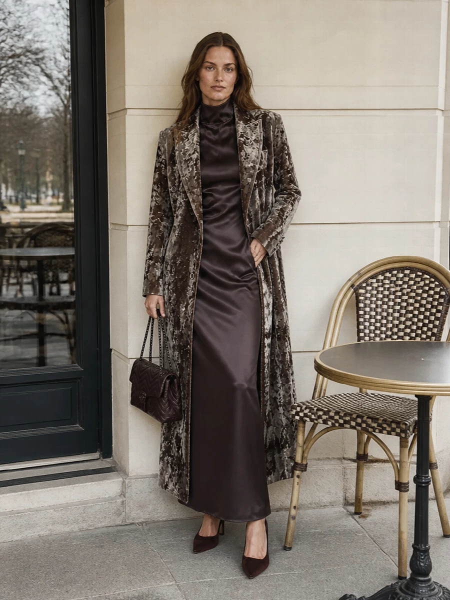 I am anchoring this around the dress rather than tailoring separates, so the Uma Wang coat reads as a dramatic outer layer over a single uninterrupted column of satin. The Max Mara mocha gown, velvet pumps and Gucci chocolate bag sit in the same brown spectrum as the coat, giving a rich, tonal evening feel that is romantic but still tailored. The result is a long, vertical silhouette with controlled texture play that feels appropriate for winter dinners and formal city nights without tipping into maximalism.