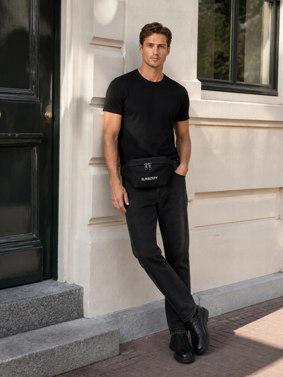 A black-on-black story built around the Saint Laurent tee, this pairing keeps lines straight and unfussy in washed Margiela denim and pared-back Tod’s sneakers. The mood is low-key and urban, with the Burberry belt bag adding just enough graphic detail to feel intentional without loud branding. It is a quietly polished street outcome you can wear from daytime errands to a low lit bar without changing a thing.