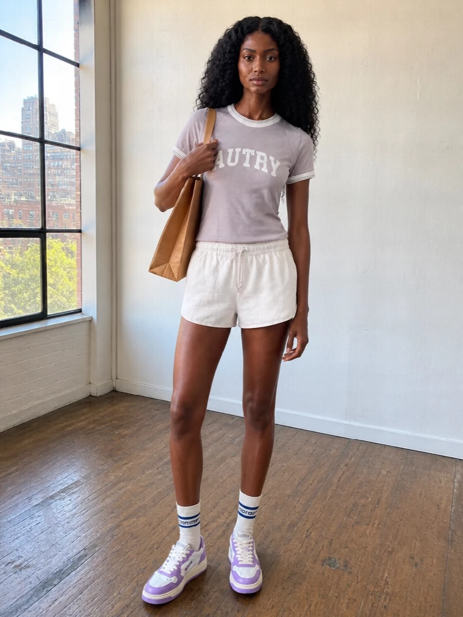 Autry tennis tee ivory shorts sneakers outfit
