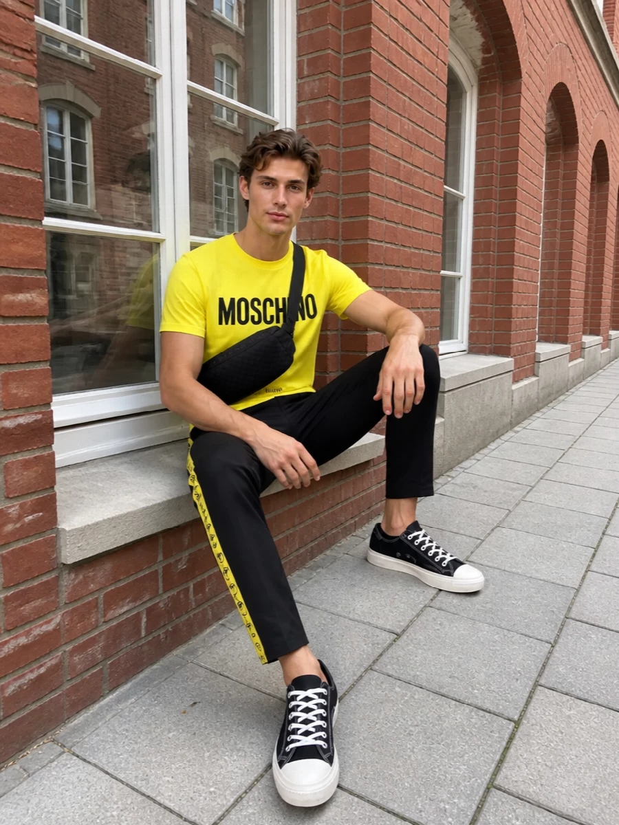 Moschino yellow logo tee black track pants
