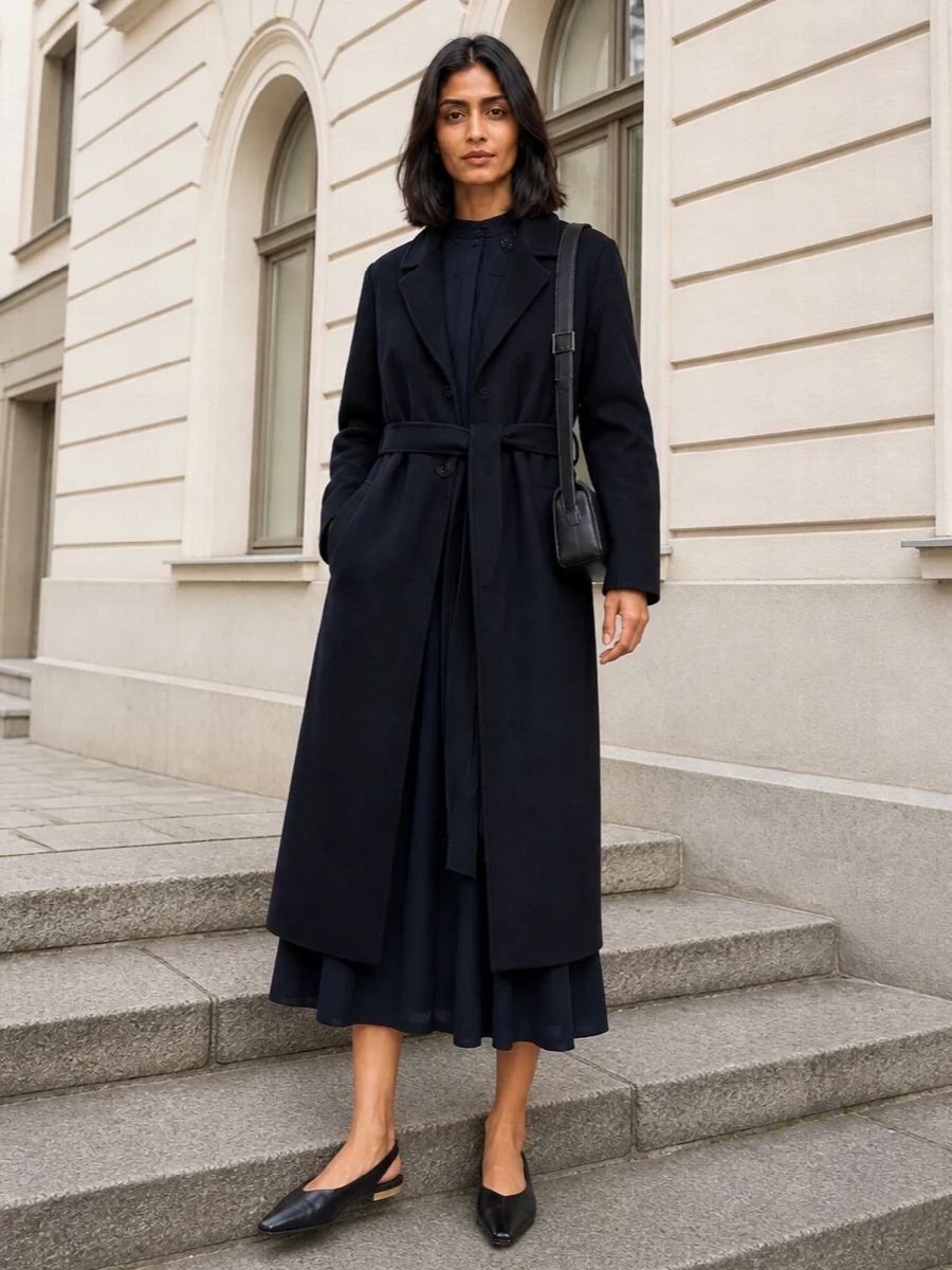 I am anchoring this with the navy pleated shirt dress rather than separates, so the coat can sit over a single, uninterrupted column of deep blue that feels calm and authoritative. Black slingback flats and a compact black bag sharpen the navy without competing, keeping the whole composition minimal, tailored and quietly luxurious for long city days that run into dinner. The result is a precise, elongated silhouette that lets the coat’s soft structure and the dress’s movement do the work, rather than adding extra layers of tailoring underneath.