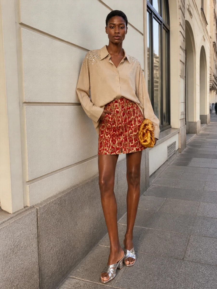A high‑waisted sequin animal mini is grounded with a fluid, sand‑beige sequin shirt left loose and relaxed, creating an elongated, light-catching column over bare legs. Silver block‑heel mules keep the energy nocturnal but comfortable, while a molten gold clutch and a whisper of chain at the waist pull the warm metallic story together in a way that feels intentionally mixed, not overly polished. The result is unapologetically glamorous, modern party dressing that lets the skirt lead while everything else hums in the same rich, golden register.