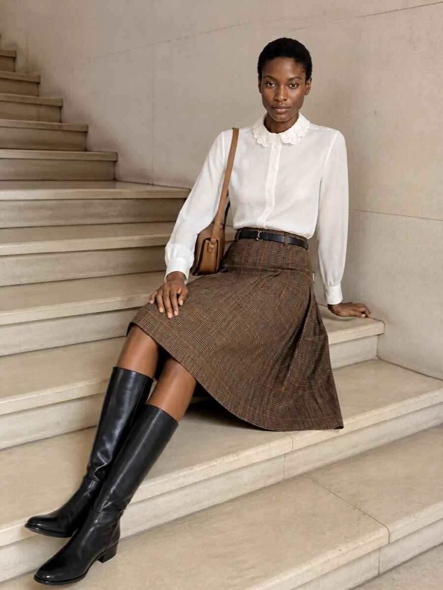 Saint laurent ivory blouse checked pleated skirt outfit