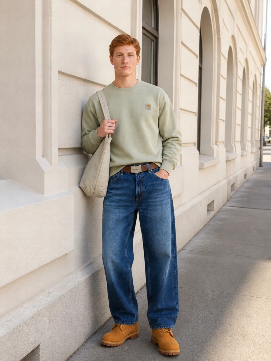 Carhartt wide leg jeans sage sweatshirt wheat boots