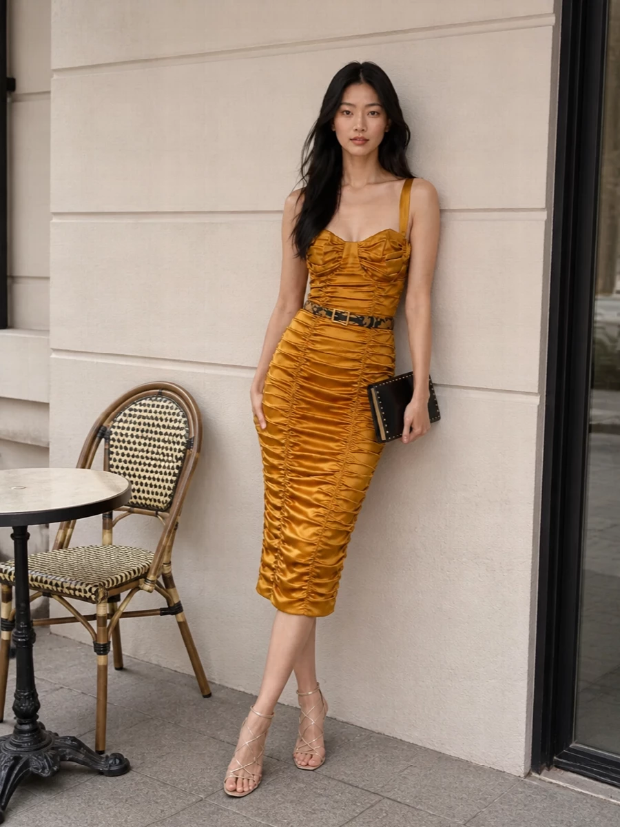 Dolce gabbana gold ruched dress gold heels