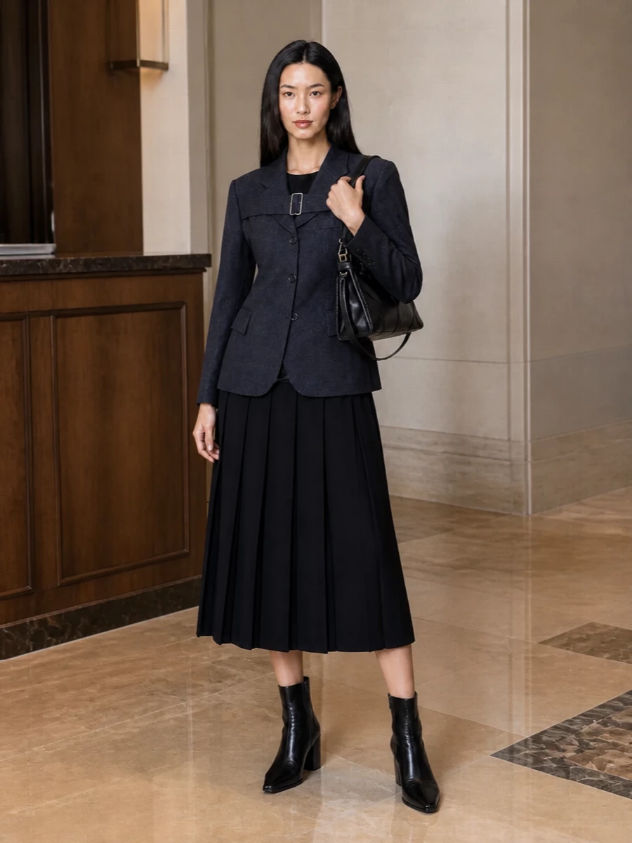 Comme des garcons coat black midi dress outfit