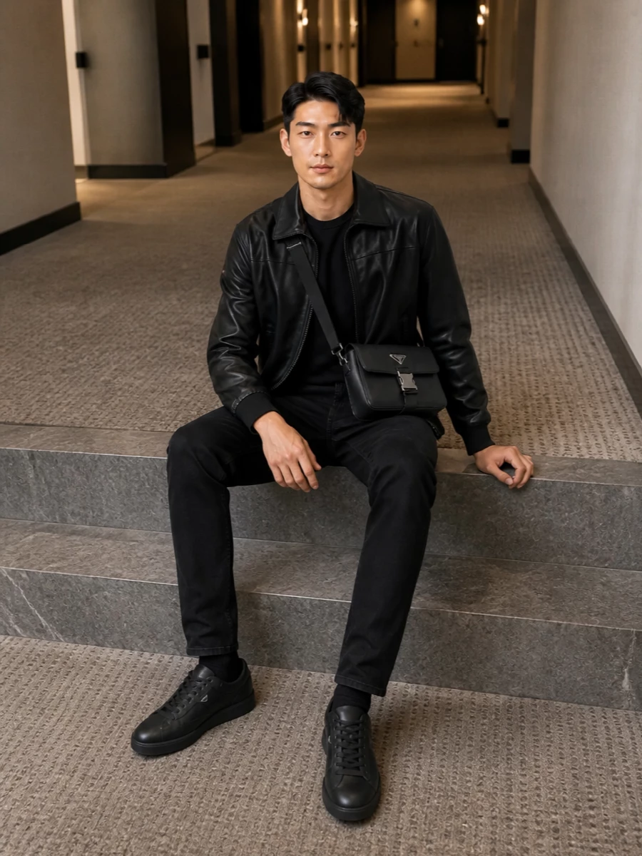 A monochrome Emporio Armani story built around the leather bomber, this outfit leans into clean lines and subtle texture instead of visible branding. Black denim, tonal sneakers and a structured Prada crossbody keep everything sharp, urban and quietly confident for city days that run into late evenings.