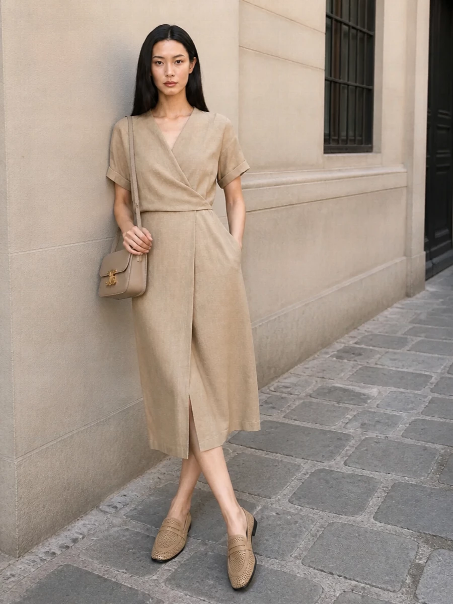 Brunello cucinelli mules sand wrap midi dress