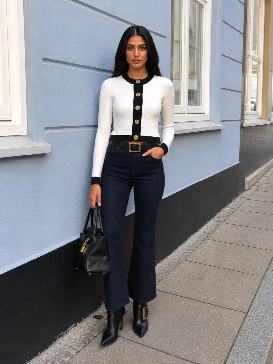 Balmain flared jeans cropped cardigan knee boots