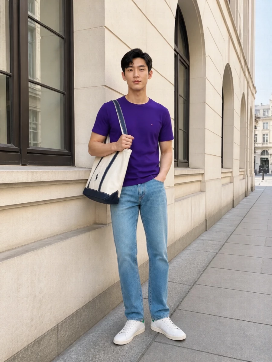 Tommy purple tee polo jeans stan smith sneakers