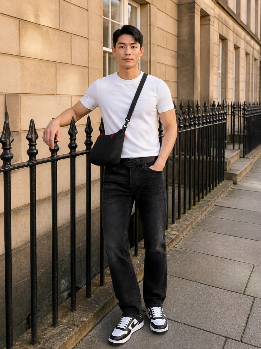 Diesel white tshirt black jeans sneakers outfit