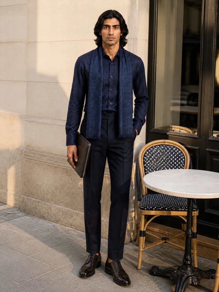 Etro paisley shirt navy trousers tods brogues