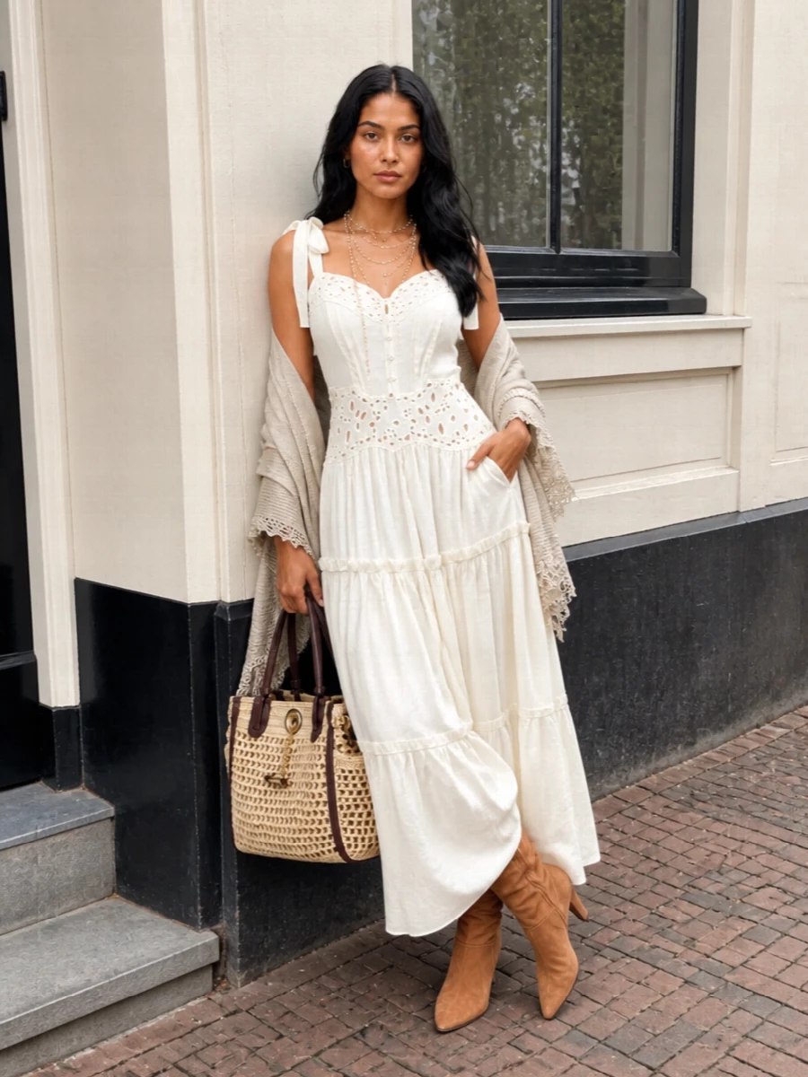 Chloe ivory maxi dress camel boots raffia bag