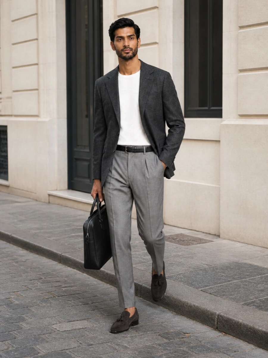 Charcoal blazer grey trousers tailored outfit