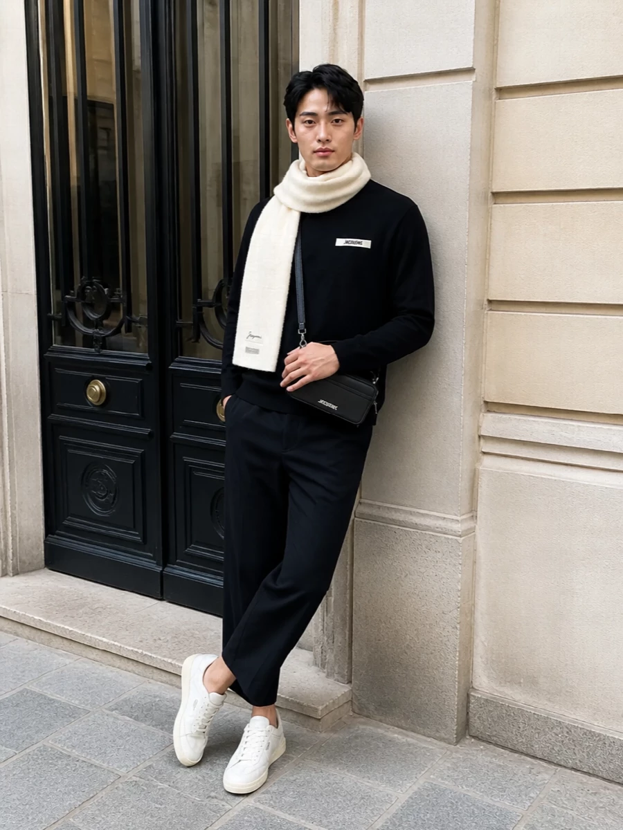 This look leans into a precise black-and-cream story: the Jacquemus tee sits over cropped black wide-leg trousers for a clean, architectural silhouette. Soft-white Valentino sneakers and a cream scarf pick up the tee’s subtle logo detail, while the black Jacquemus box bag keeps everything sharp, minimal, and quietly luxurious for FW city dressing.