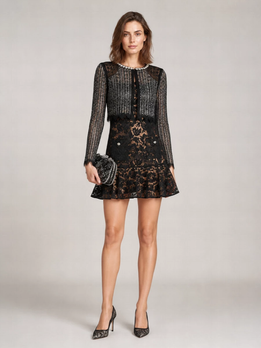 Self-Portrait Lace Long-Sleeve Cropped Jacket