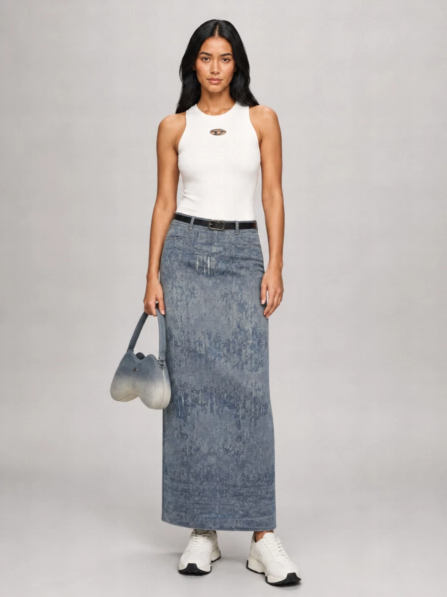 Diesel Denim High-Rise Distressed Midi Straight Skirt