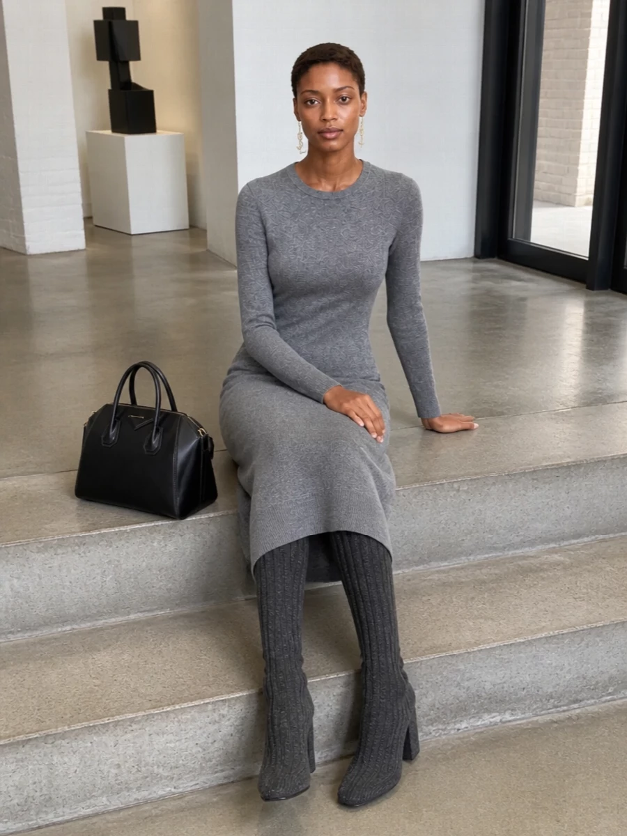 Givenchy grey knit midi dress knee boots outfit