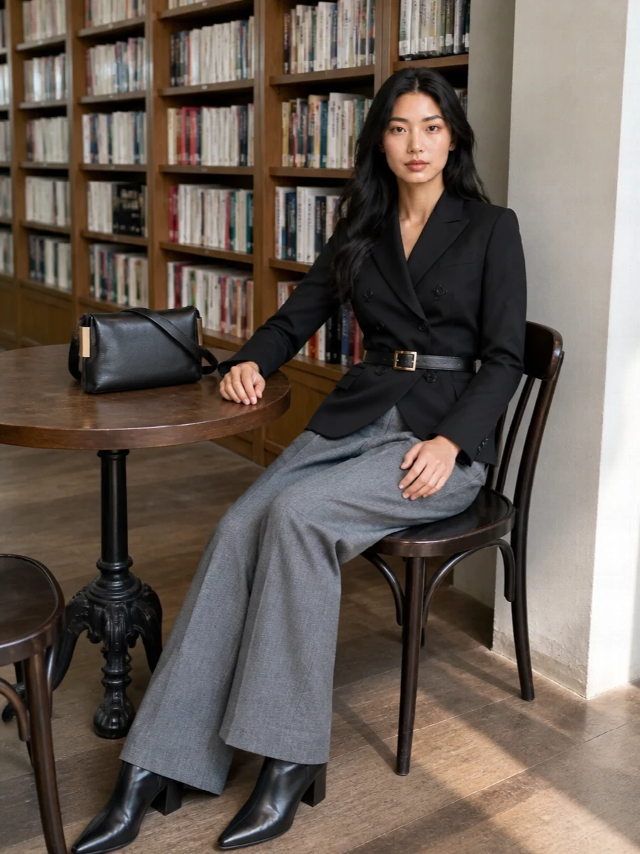 Elisabetta franchi grey trousers black blazer outfit