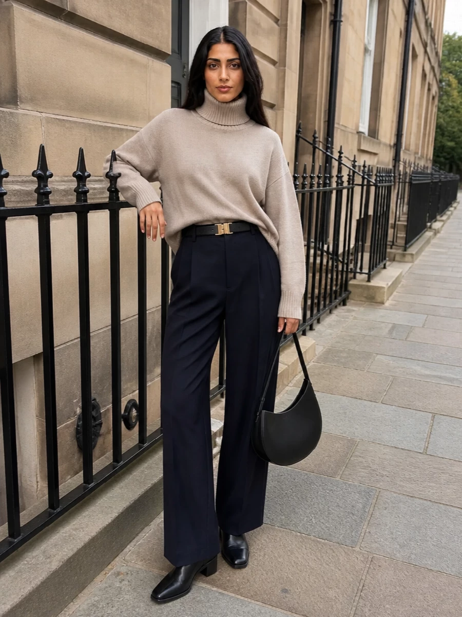 Soeur navy wide leg trousers beige turtleneck