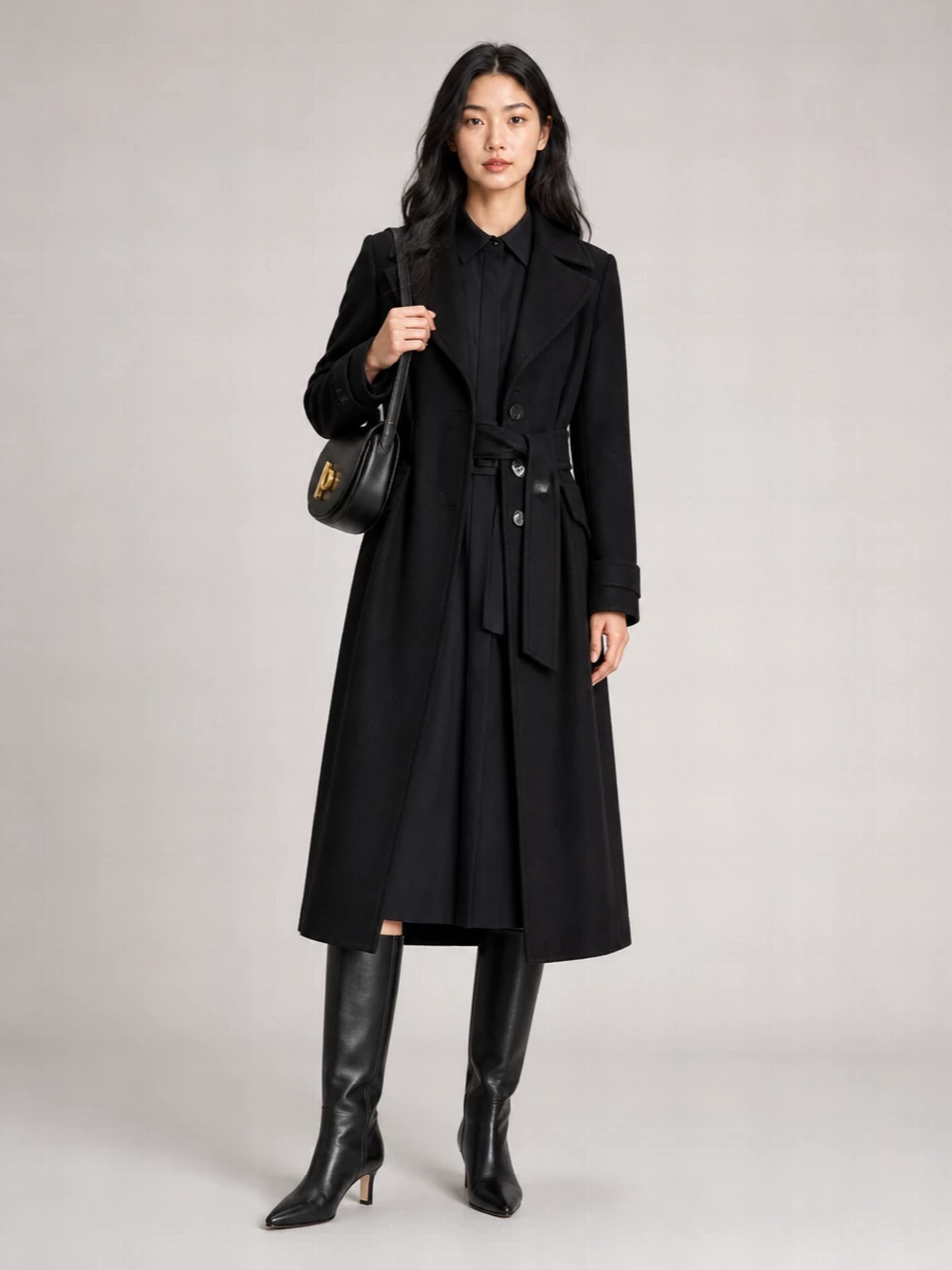 I am choosing the dress route rather than tailoring it with top and trousers, because the coat wants a single, uninterrupted column under it for maximum quiet drama. The black shirt dress, sharp knee boots and sculptural black shoulder bag create a coherent, high-formality city ensemble that moves from office to late dinner without a change. Everything stays in the same luxury register as the Blumarine coat, with texture and cut doing the work instead of loud detailing.