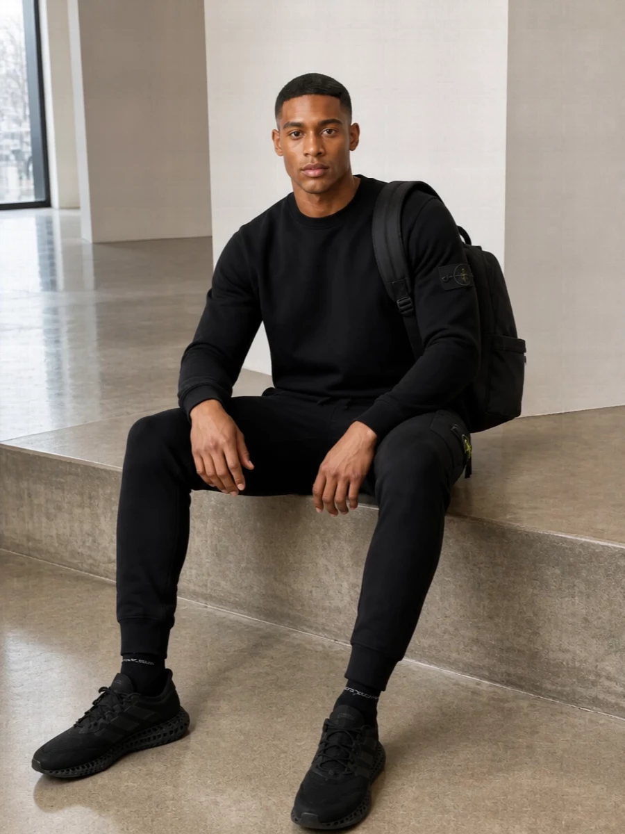 Stone island black joggers adidas runners outfit