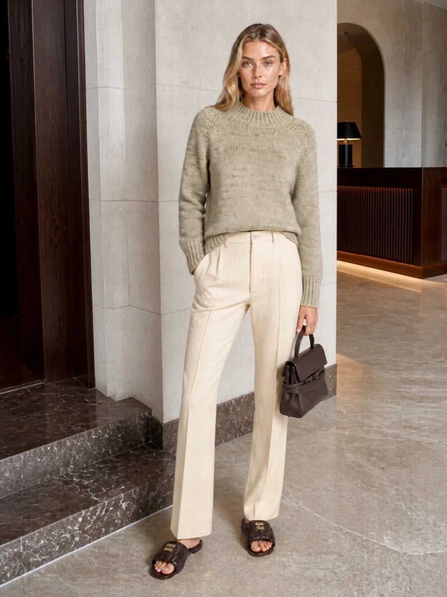 This outfit leans into a soft, tonal story of creams and chocolates, pairing a cocooning Margiela oat knit with clean cream trousers to frame the quilted slides. The chocolate mini top-handle mirrors the sandals’ depth, so the whole ensemble reads calm, precise and quietly luxurious rather than casual. I chose the top-and-trouser route over a dress to keep it versatile for city days that run long, where proportion and texture matter more than overt occasion dressing.
