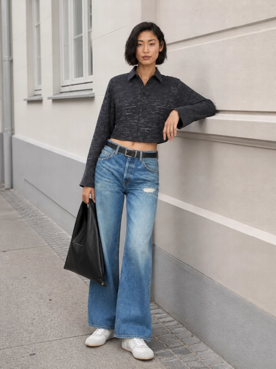 A cropped charcoal Margiela shirt tops the faded wide-leg denim for a graphic, low-key street uniform that still feels considered. Soft white sneakers and a sculptural black Japanese tote keep the palette tight and modern. The slim black belt simply sharpens the mid-rise and lets the proportions do the work.