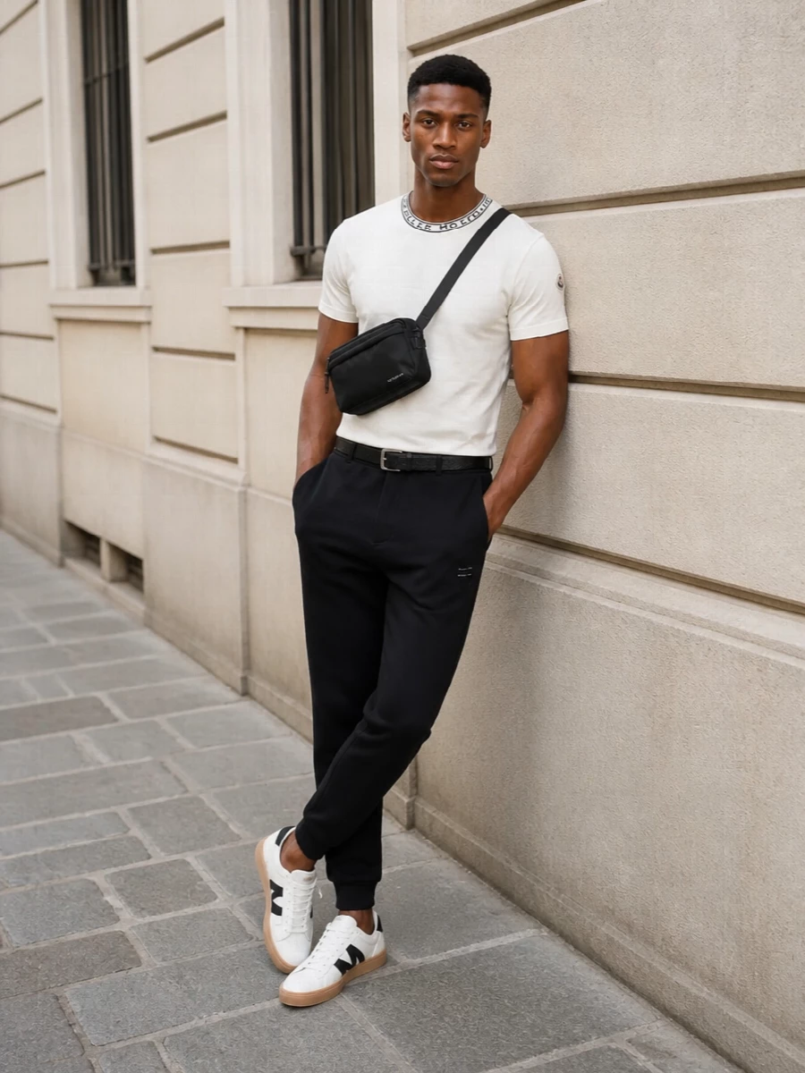This look builds a clean, sport-luxe story around the Moncler tee: tapered black joggers keep the line streamlined and relaxed, letting the graphic collar detail stand out. White court sneakers with black accents echo the tee’s palette, while the discreet black belt and compact Givenchy belt bag add just enough structure and utility to feel polished yet easy for everyday city wear in spring and summer.