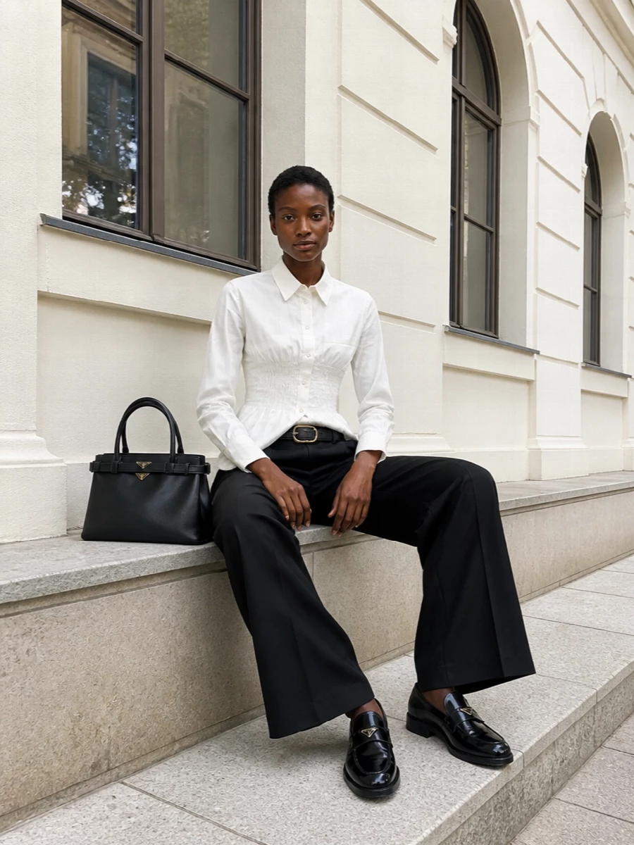Prada shirt black wide leg trousers outfit