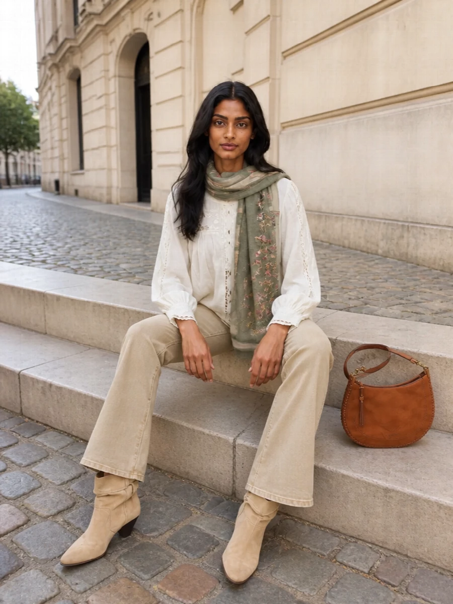 Isabel marant blouse sand flared trousers outfit