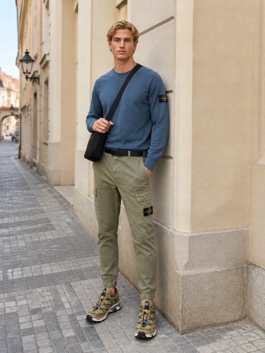 Stone island cargo salomon trail sneakers outfit