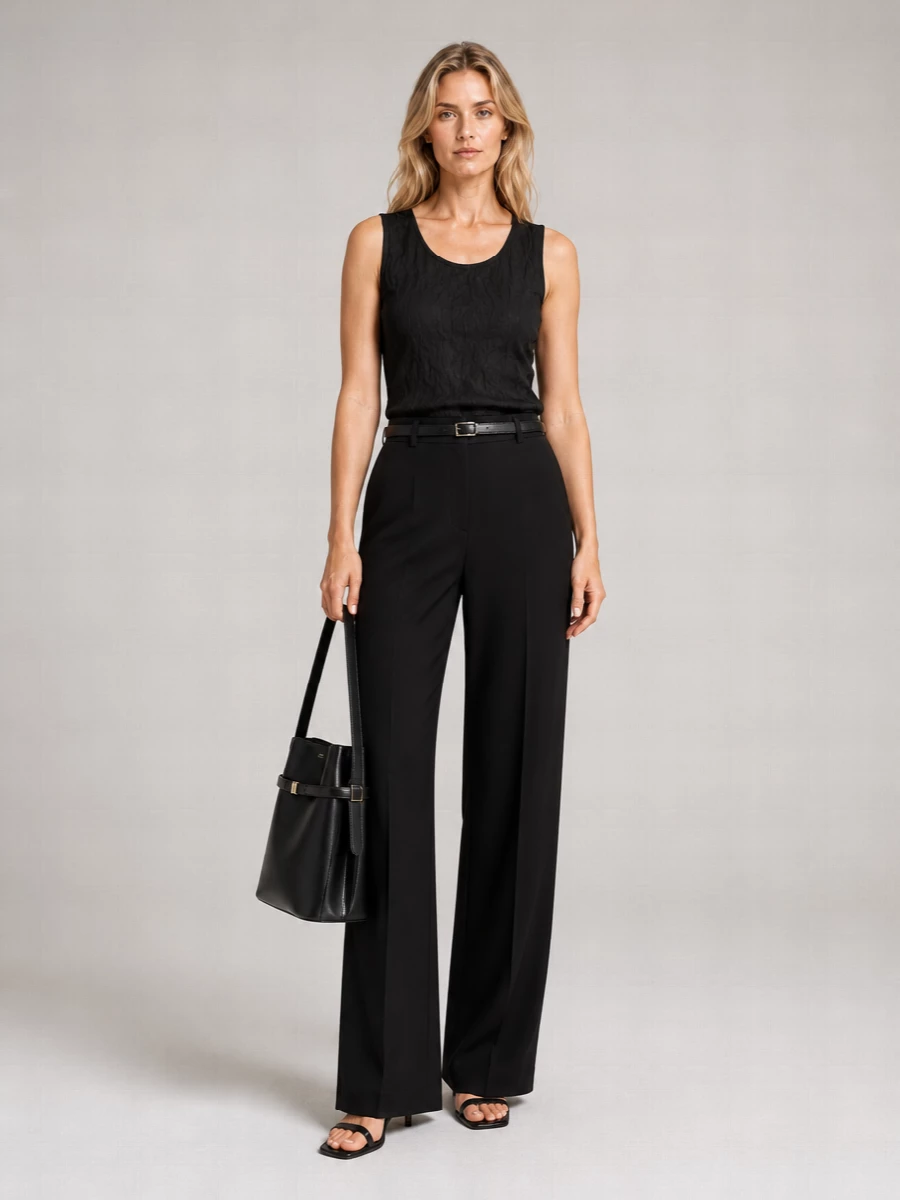 A crumpled black tank and precise black wide-leg trouser build a long, uninterrupted line that feels calm and assured rather than severe. The low square-toe mules keep the proportions modern and easy, while the structured black bucket and slim belt add just enough definition to read considered for office, gallery afternoons, or low-key dinners. It is a quietly strong all-black uniform that relies on texture and cut instead of overt detail.