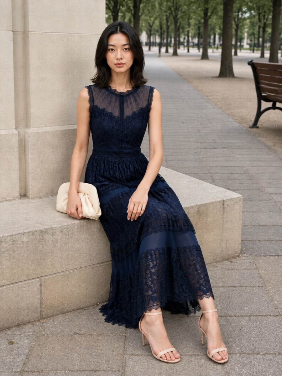 Ermanno firenze navy lace dress nude casadei heels