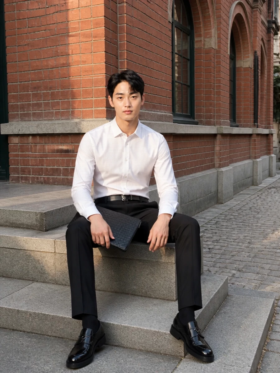 Prada black tailored trousers white shirt outfit