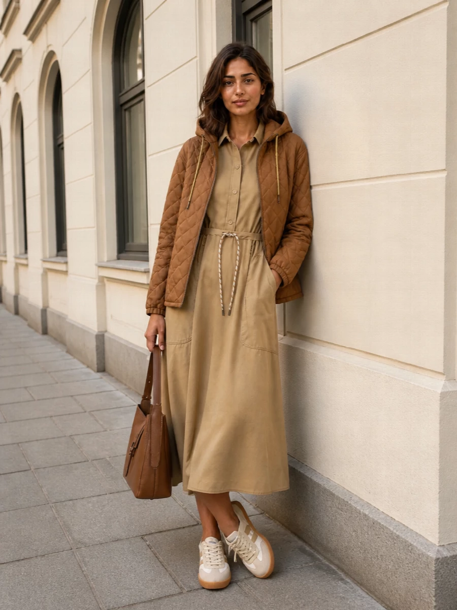 I’m anchoring this with the dress route: the Moncler camel midi shirt dress and the caramel Herno jacket create a clean, tonal utility story that feels intentional rather than layered at random. Cream and sand Hogan sneakers keep it relaxed and modern, while the tan leather hobo bag adds just enough structure to read as quietly put together for city days or travel. The result is an off-duty, neutral-rich outfit that is cohesive in palette, brand tier, and easy spring practicality.