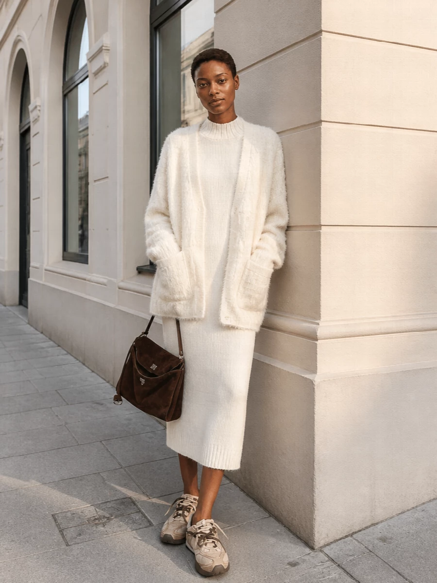 Balenciaga ivory cardigan knit dress sneakers