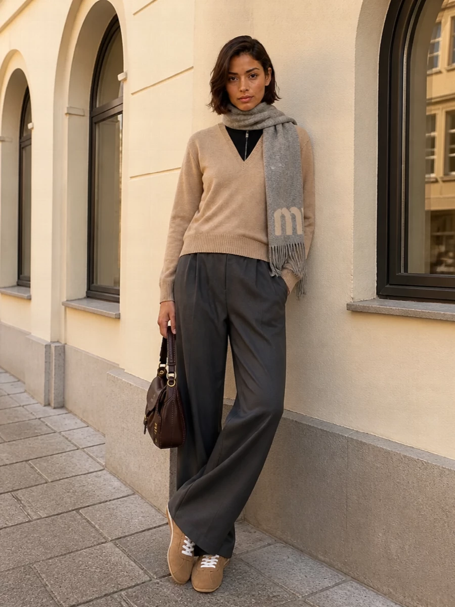 Miu miu camel sweatshirt charcoal wide leg pants