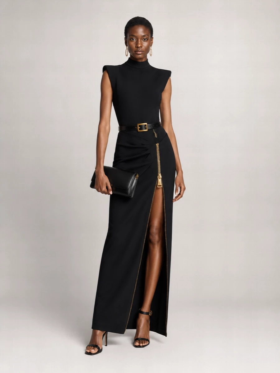 A razor-clean black column anchored by a sculpted waist and architectural slit, finished with barely-there stiletto sandals for a continuous, leg-lengthening line. The sleek baguette and sharp gold earrings keep everything disciplined and precise, giving the hardware a curated, jewelry-like presence. Quietly powerful, this is for nights when you want structure, not sparkle, to do the talking.