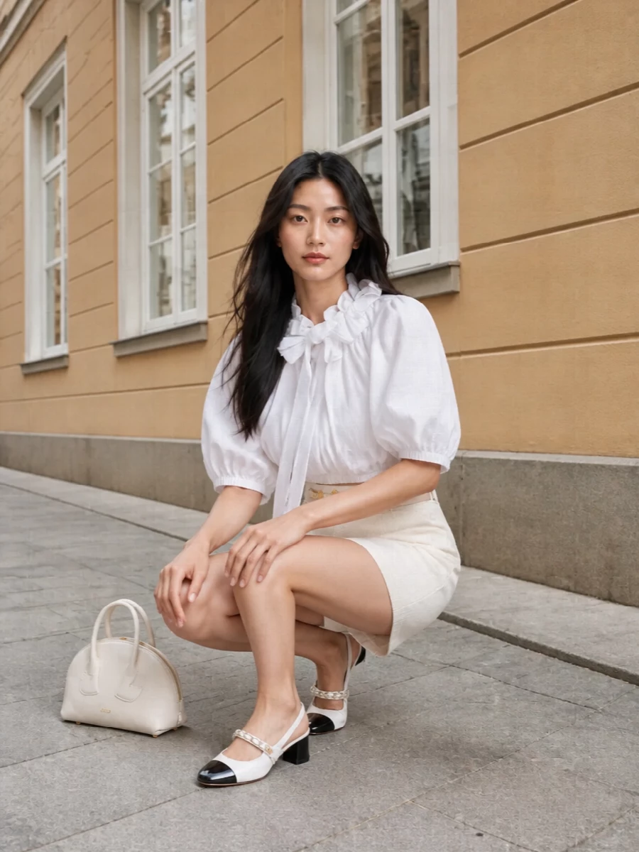 A sculpted white blouse tops a clean ivory mini, creating a romantic, preppy silhouette that feels light but intentional. The cap-toe slingbacks and structured ivory top-handle keep everything polished, while a blush belt quietly defines the waist. Together it lands perfectly between city brunch and soft evening plans with one considered palette.