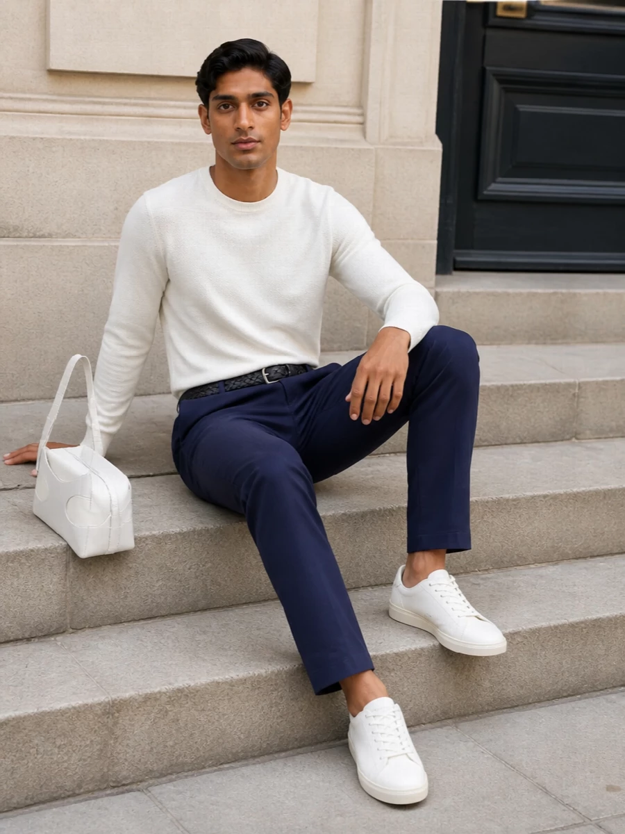 Emporio armani knit navy trousers outfit