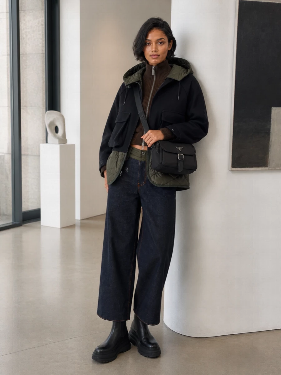 Sacai parka wide leg jeans platform boots outfit