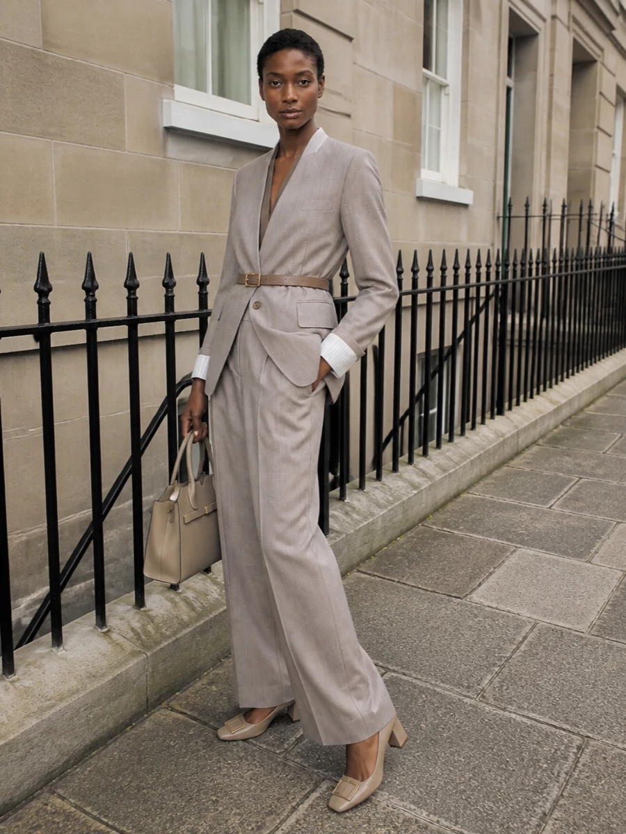 Victoria beckham taupe trouser suit roger vivier pumps