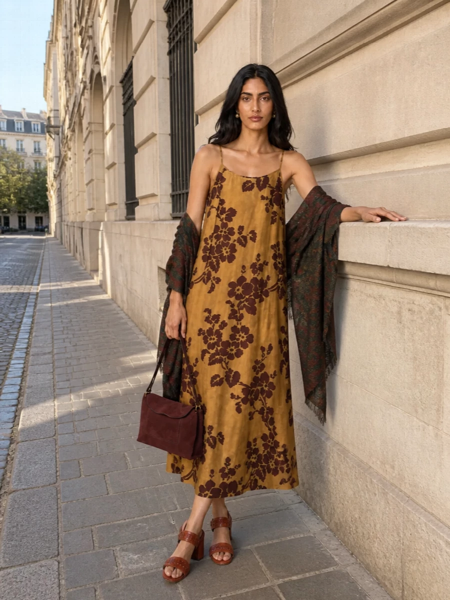 Uma Wang’s floral slip is grounded with warm terracotta block-heel sandals for a quietly romantic, early autumn mood. A deep wine suede shoulder bag and small pearl-drop studs keep the palette rich yet restrained, letting the dress’s painterly print stay center stage. The softly brushed floral wrap can be shrugged on for travel or dinner while keeping everything in the same burnished, boho spectrum.