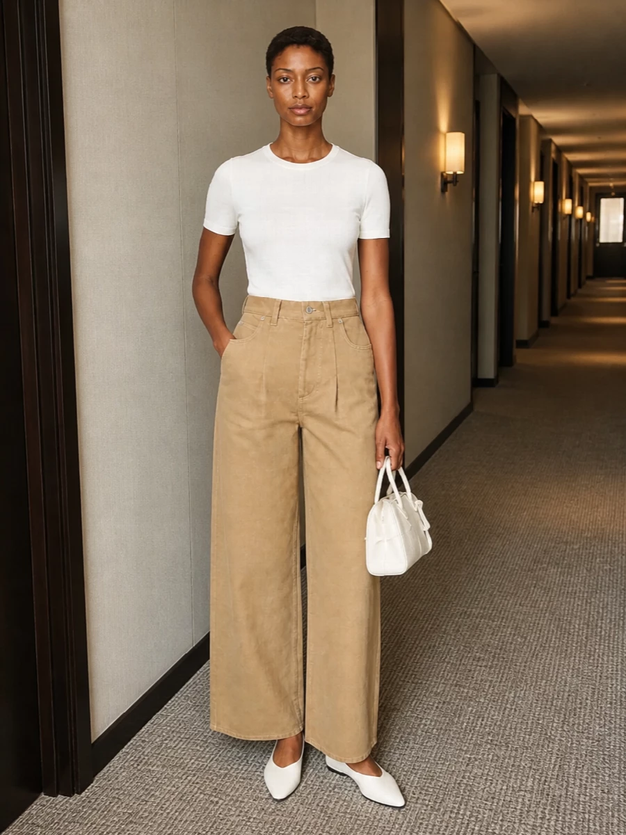 Soft neutrals and clean lines keep this pairing understated yet precise, with the structured high-waist trouser giving the simple tee a more intentional attitude. White pointed flats and a compact ivory bag stay within the same calm palette, so the focus is on proportion and silhouette rather than contrast. Wear it for city days when you want something relaxed but clearly considered.