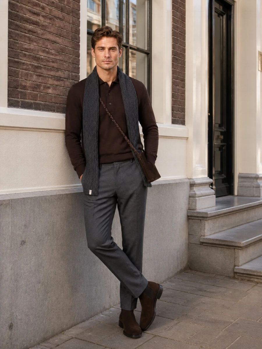 Zanone brown knit polo charcoal trousers outfit