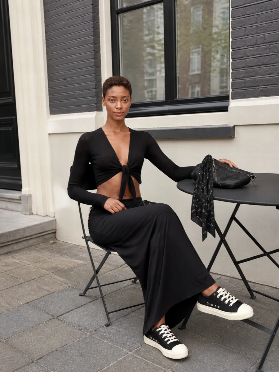 Rick owens black cropped cardigan ruched maxi outfit