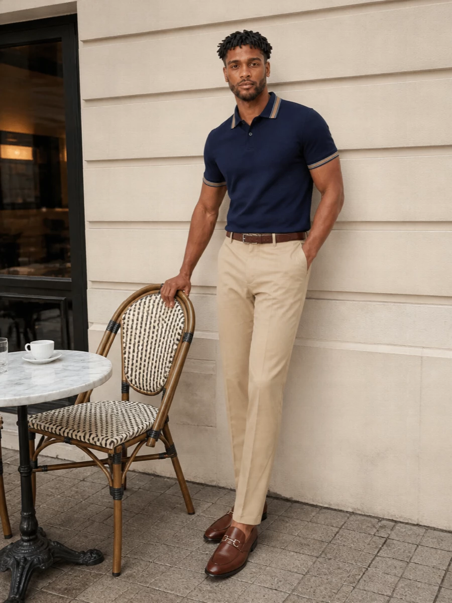 Ferragamo navy polo prada sand trousers outfit