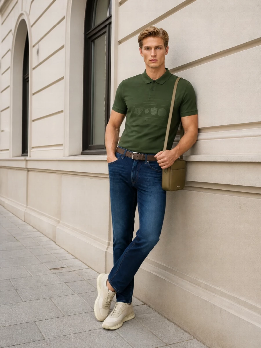 Boss olive polo dark jeans beige sneakers